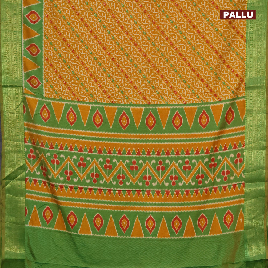 Semi tussar saree mustard yellow and green with allover ikat prints and zari woven border