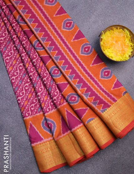 Semi tussar saree dark magenta pink and mustard shade with allover ikat prints and zari woven border