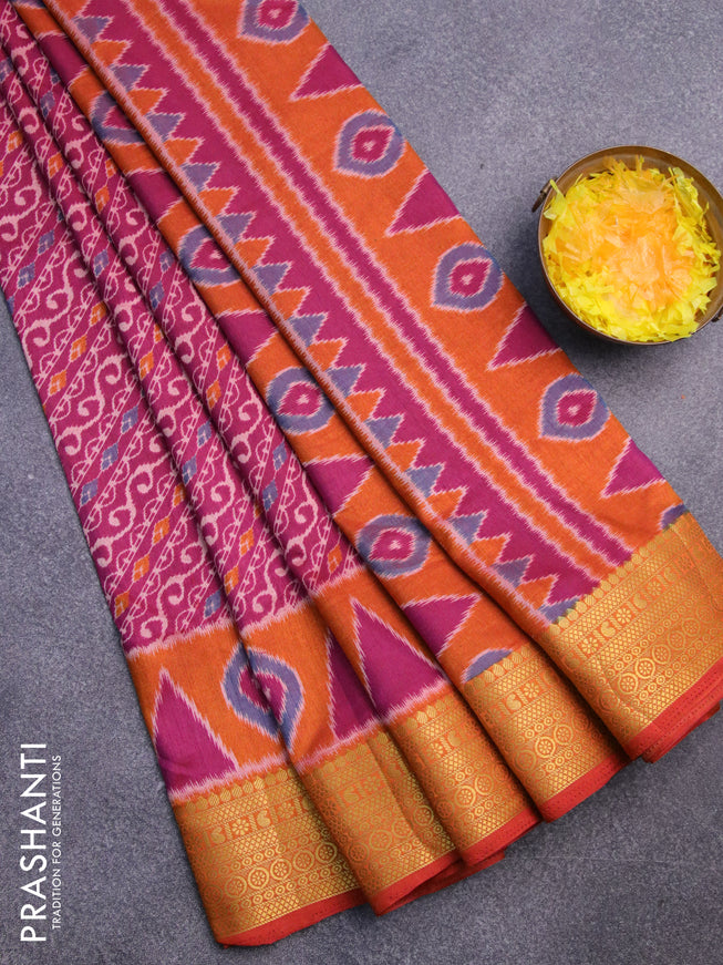 Semi tussar saree dark magenta pink and mustard shade with allover ikat prints and zari woven border