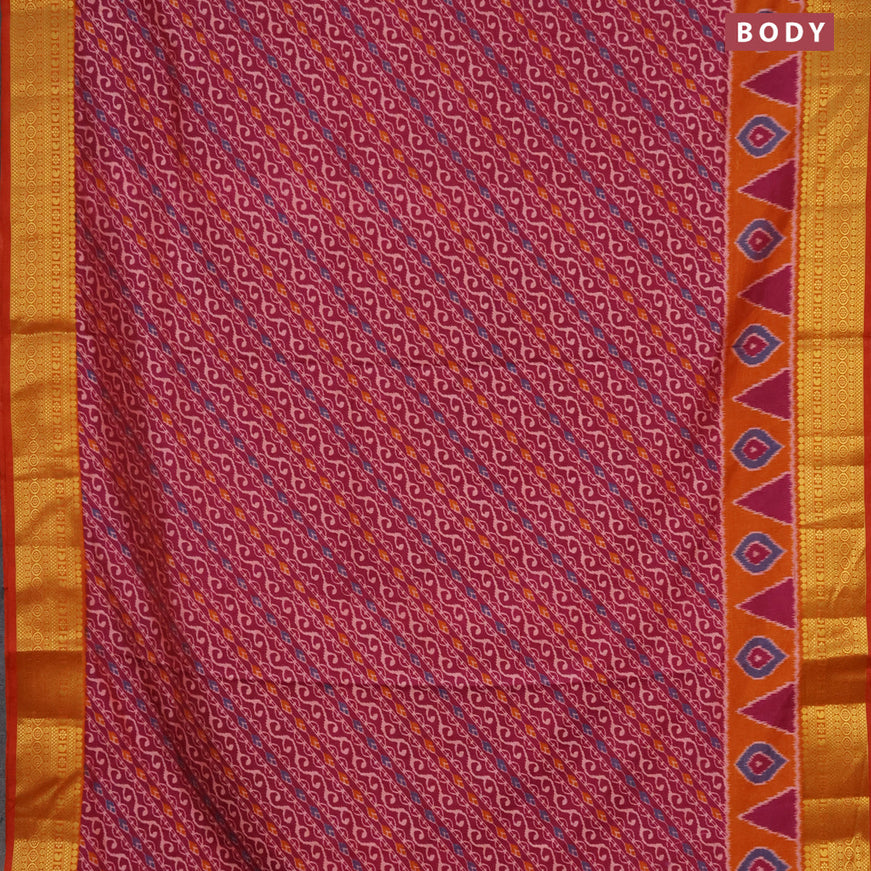 Semi tussar saree dark magenta pink and mustard shade with allover ikat prints and zari woven border