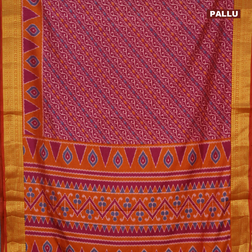 Semi tussar saree dark magenta pink and mustard shade with allover ikat prints and zari woven border