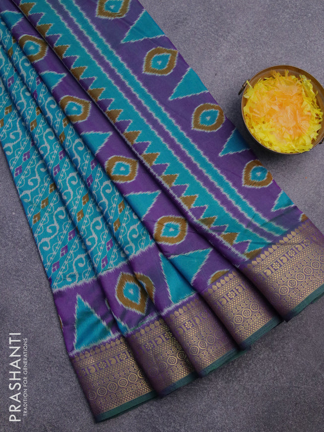 Semi tussar saree cs blue and dual shade of violet with allover ikat prints and zari woven border