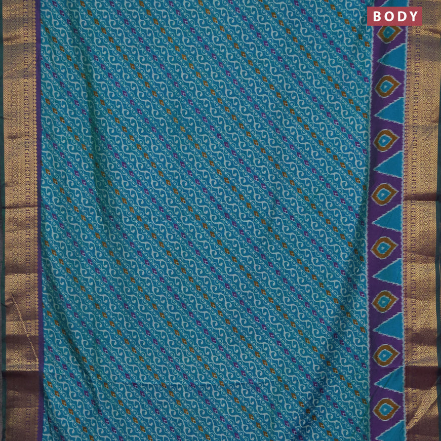 Semi tussar saree cs blue and dual shade of violet with allover ikat prints and zari woven border