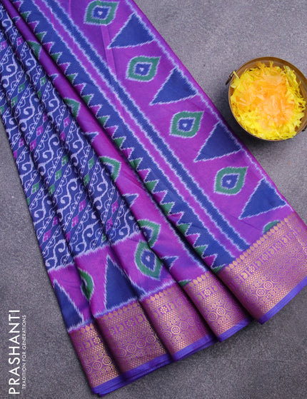 Semi tussar saree dark blue and purple with allover ikat prints and zari woven border