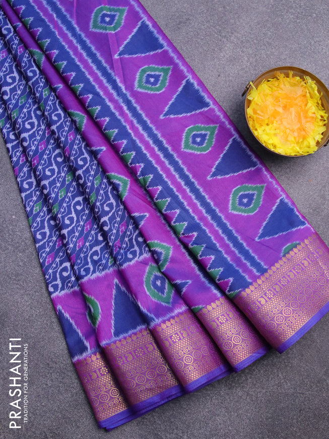 Semi tussar saree dark blue and purple with allover ikat prints and zari woven border