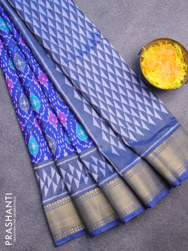 Semi tussar saree blue with allover ikat prints and zari woven border