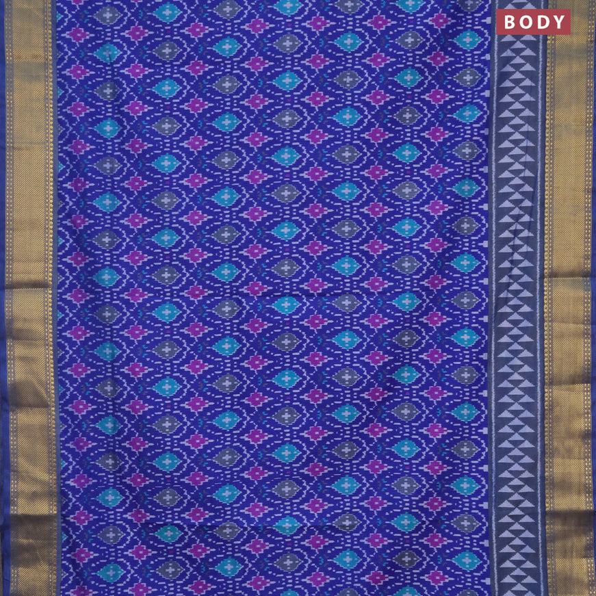 Semi tussar saree blue with allover ikat prints and zari woven border