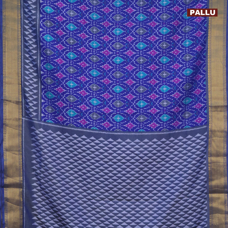 Semi tussar saree blue with allover ikat prints and zari woven border