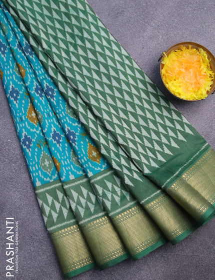 Semi tussar saree teal green and green with allover ikat prints and zari woven border