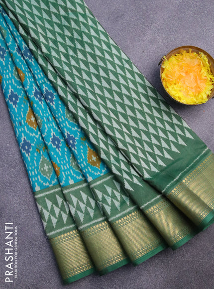 Semi tussar saree teal green and green with allover ikat prints and zari woven border