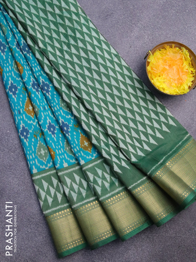 Semi tussar saree teal green and green with allover ikat prints and zari woven border