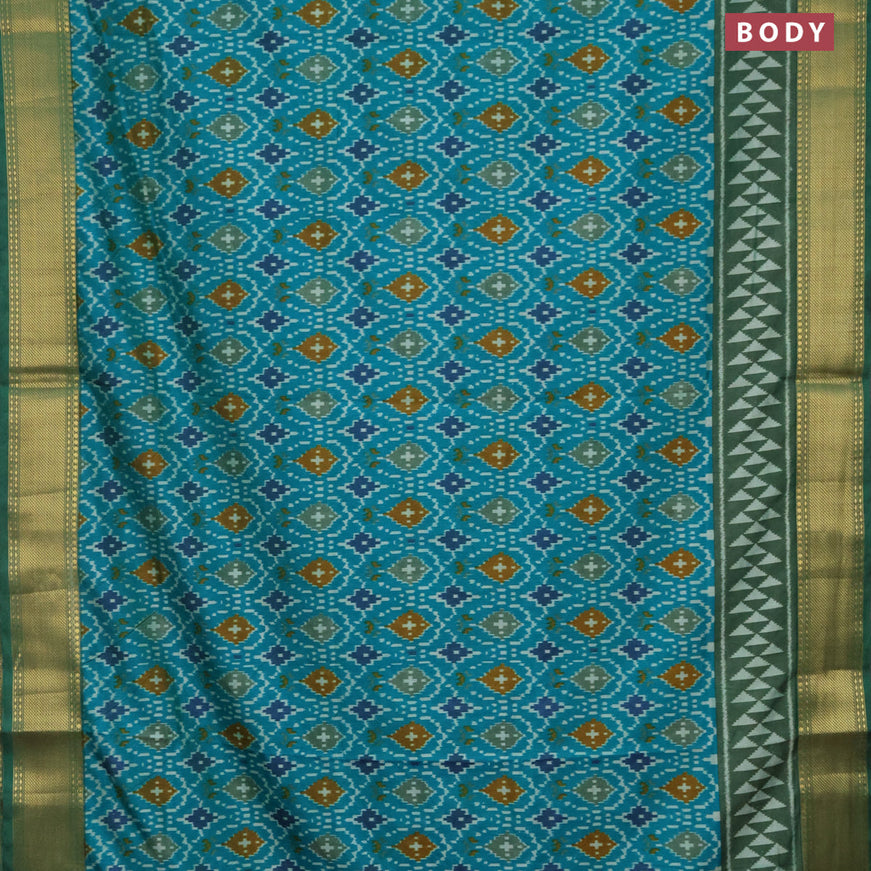 Semi tussar saree teal green and green with allover ikat prints and zari woven border