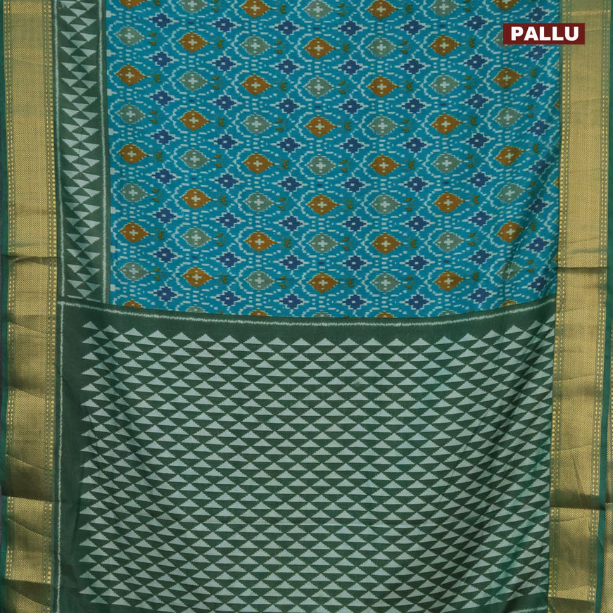 Semi tussar saree teal green and green with allover ikat prints and zari woven border