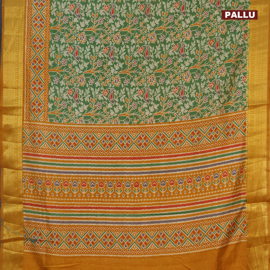 Semi tussar saree green and mustard shade with allover ikat prints and zari woven border