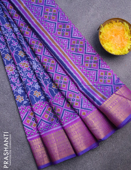 Semi tussar saree blue and purple with allover ikat prints and zari woven border