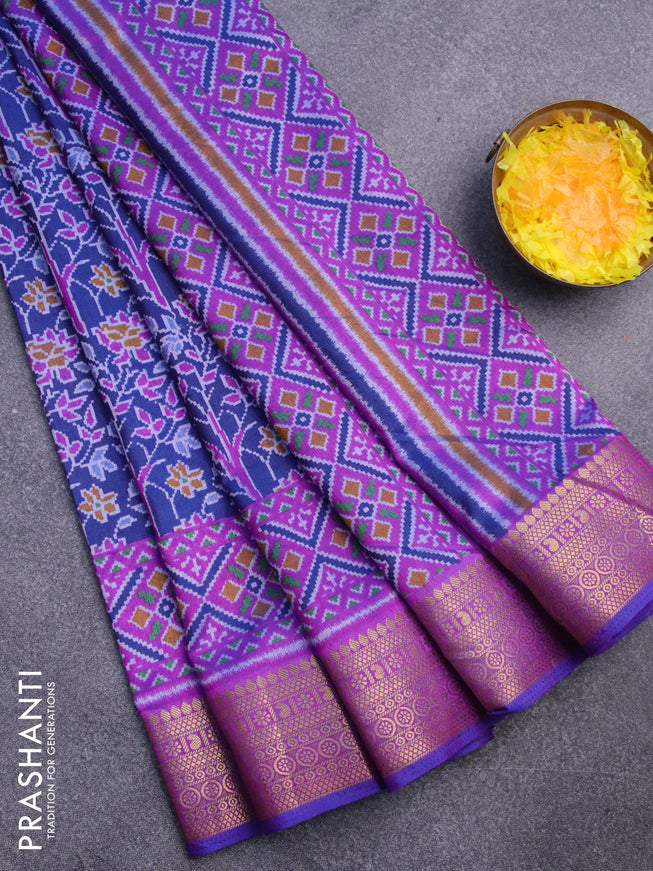 Semi tussar saree blue and purple with allover ikat prints and zari woven border