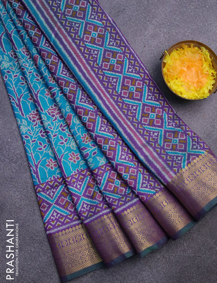 Semi tussar saree cs blue and dual shade of purple with allover ikat prints and zari woven border