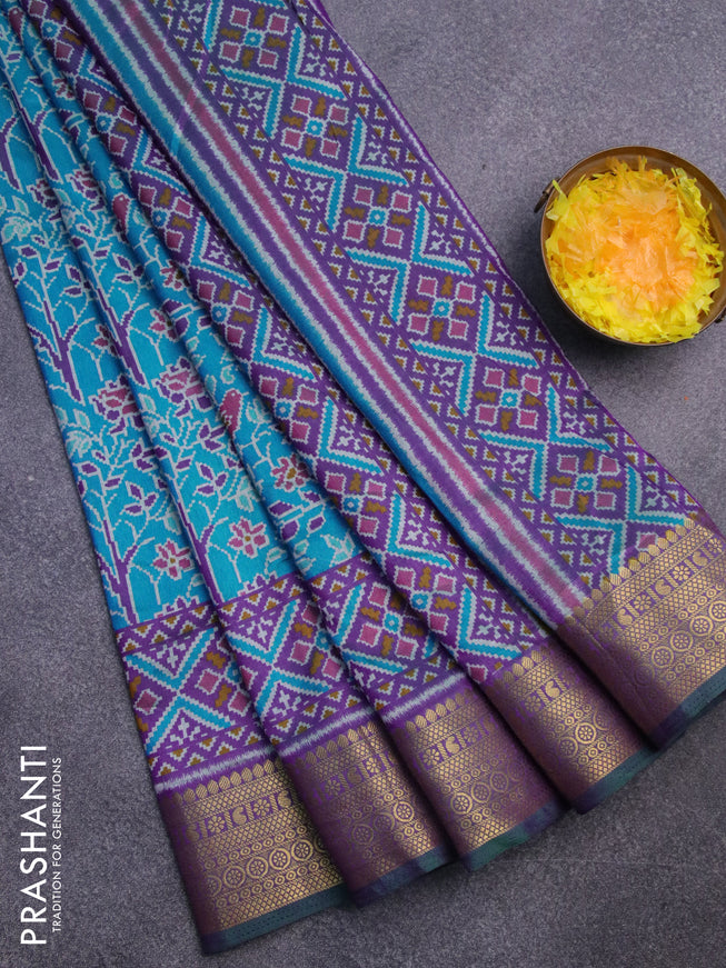 Semi tussar saree cs blue and dual shade of purple with allover ikat prints and zari woven border