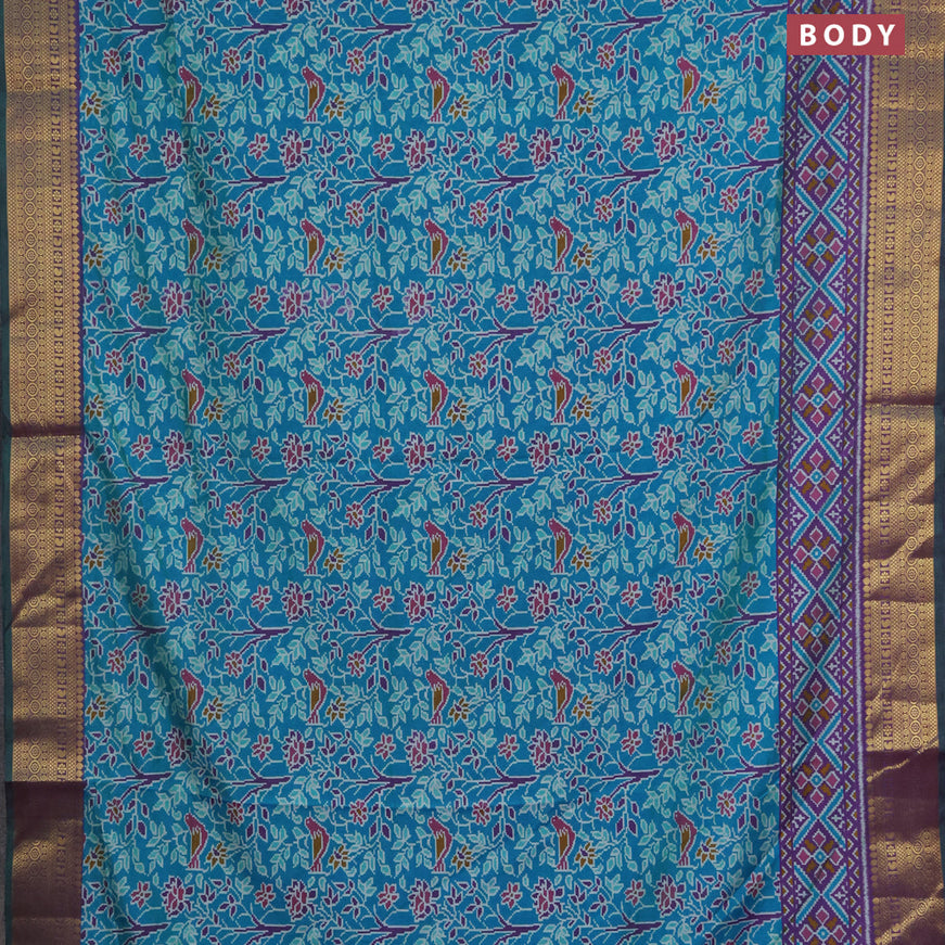 Semi tussar saree cs blue and dual shade of purple with allover ikat prints and zari woven border