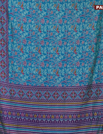 Semi tussar saree cs blue and dual shade of purple with allover ikat prints and zari woven border