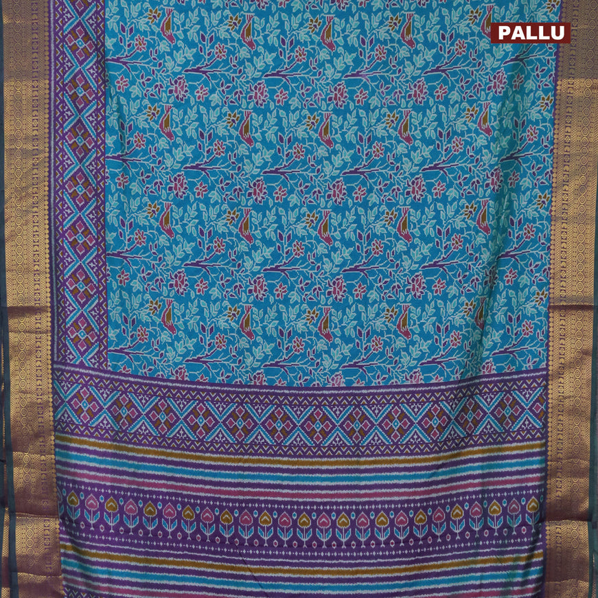 Semi tussar saree cs blue and dual shade of purple with allover ikat prints and zari woven border