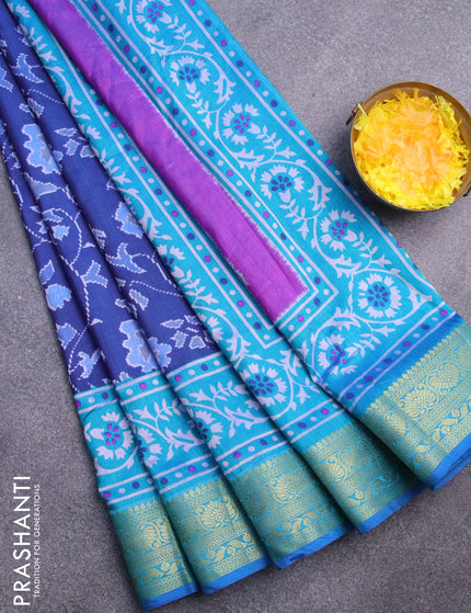 Semi tussar saree dark blue and teal blue with allover floral prints and zari woven border