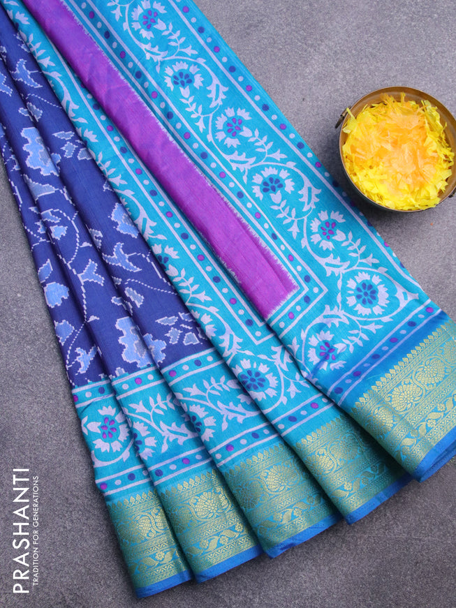 Semi tussar saree dark blue and teal blue with allover floral prints and zari woven border