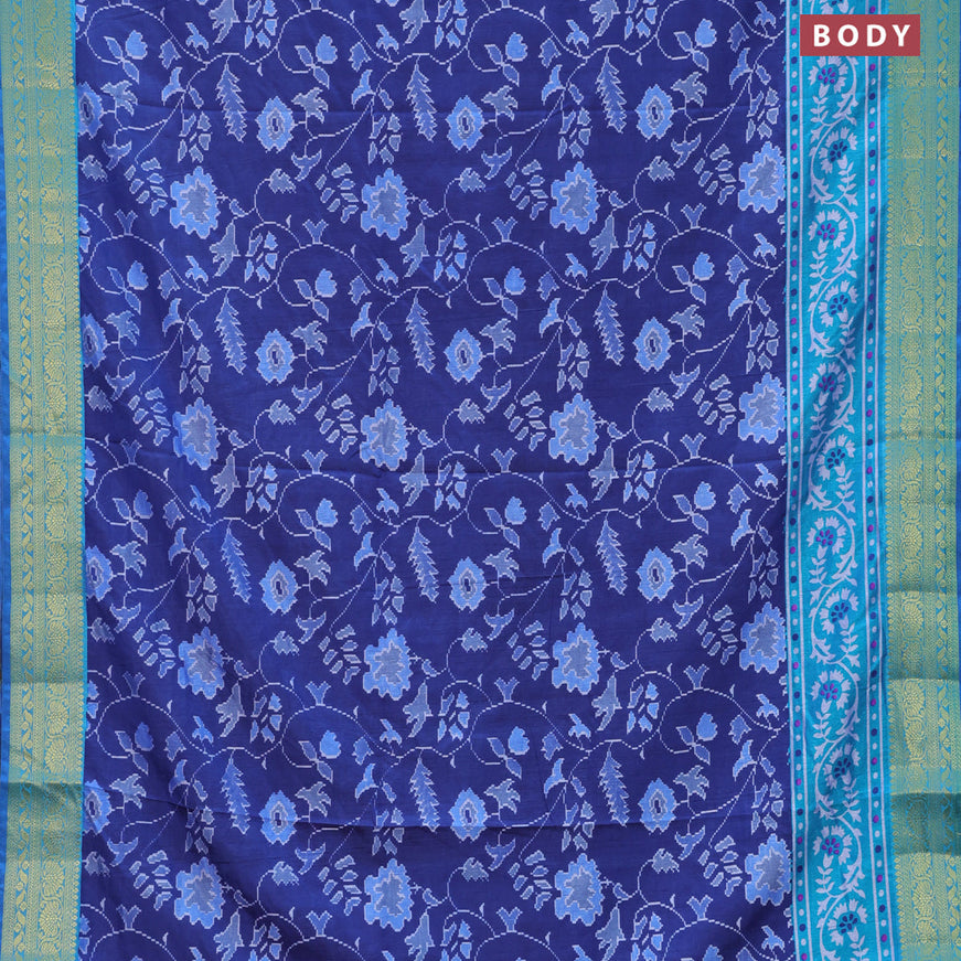 Semi tussar saree dark blue and teal blue with allover floral prints and zari woven border