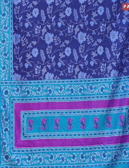 Semi tussar saree dark blue and teal blue with allover floral prints and zari woven border