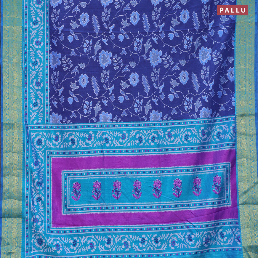 Semi tussar saree dark blue and teal blue with allover floral prints and zari woven border