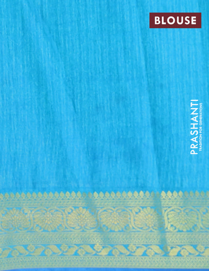 Semi tussar saree dark blue and teal blue with allover floral prints and zari woven border