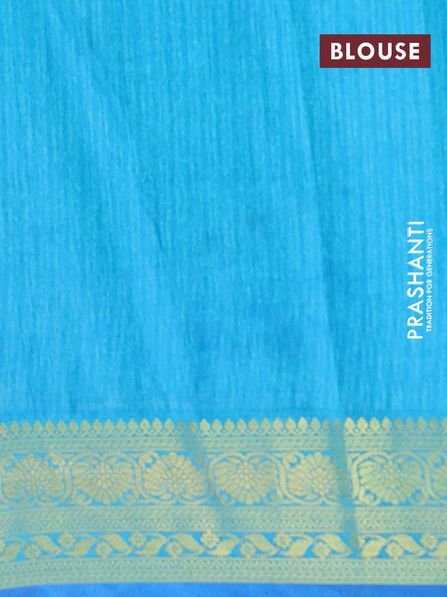 Semi tussar saree dark blue and teal blue with allover floral prints and zari woven border