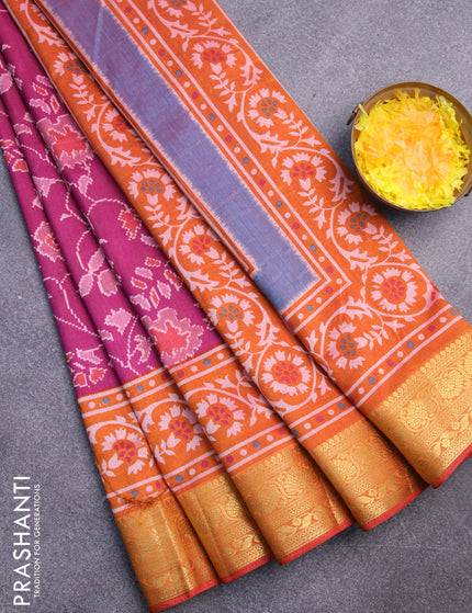 Semi tussar saree dark magenta pink and mustard yellow with allover floral prints and zari woven border