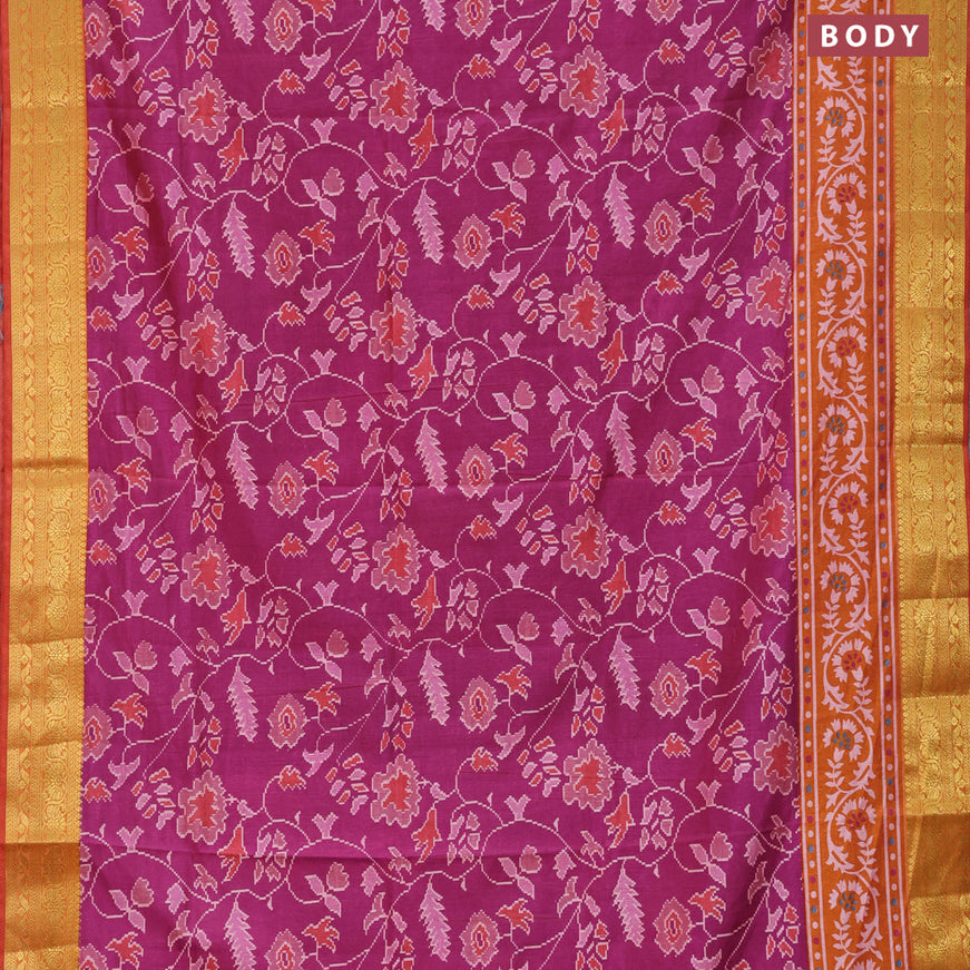 Semi tussar saree dark magenta pink and mustard yellow with allover floral prints and zari woven border