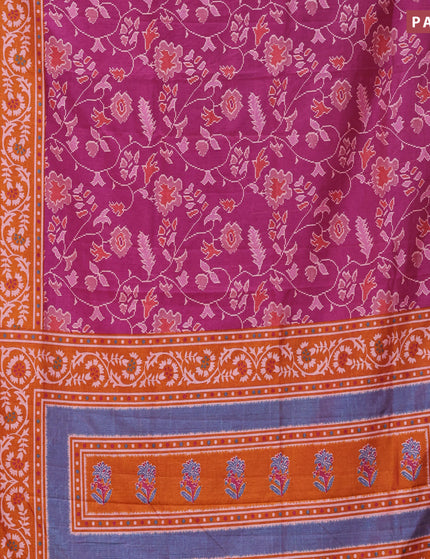 Semi tussar saree dark magenta pink and mustard yellow with allover floral prints and zari woven border