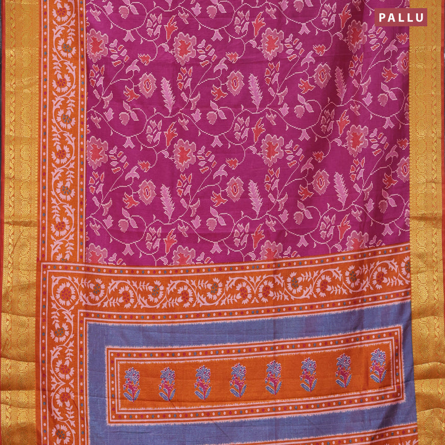 Semi tussar saree dark magenta pink and mustard yellow with allover floral prints and zari woven border