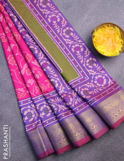 Semi tussar saree pink and dual shade of bluish maroon with allover floral prints and zari woven border