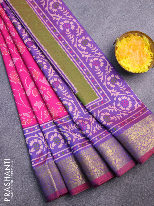 Semi tussar saree pink and dual shade of bluish maroon with allover floral prints and zari woven border