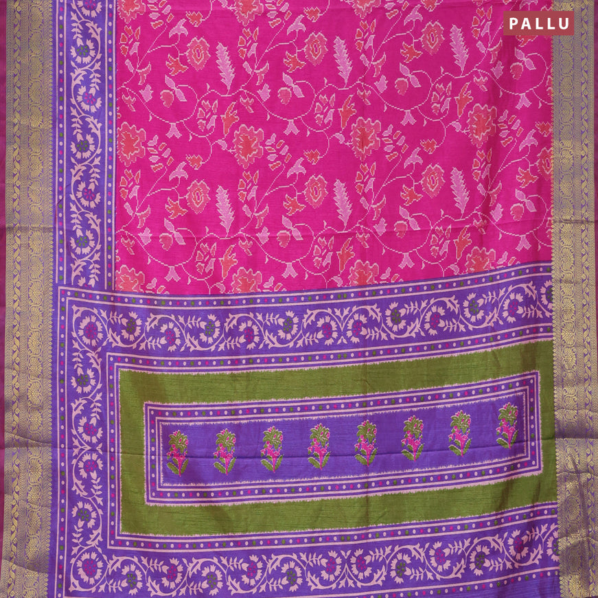 Semi tussar saree pink and dual shade of bluish maroon with allover floral prints and zari woven border