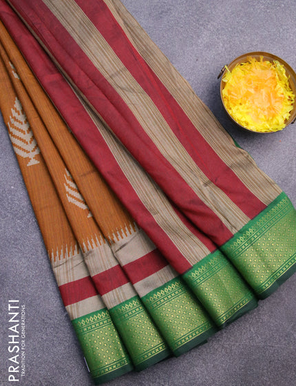 Semi tussar saree dark mustard and green with butta weaves and zari woven border