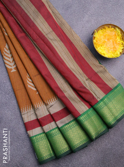 Semi tussar saree dark mustard and green with butta weaves and zari woven border