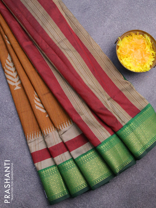 Semi tussar saree dark mustard and green with butta weaves and zari woven border