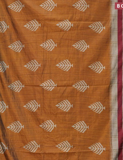 Semi tussar saree dark mustard and green with butta weaves and zari woven border