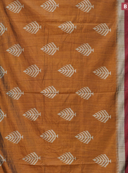 Semi tussar saree dark mustard and green with butta weaves and zari woven border