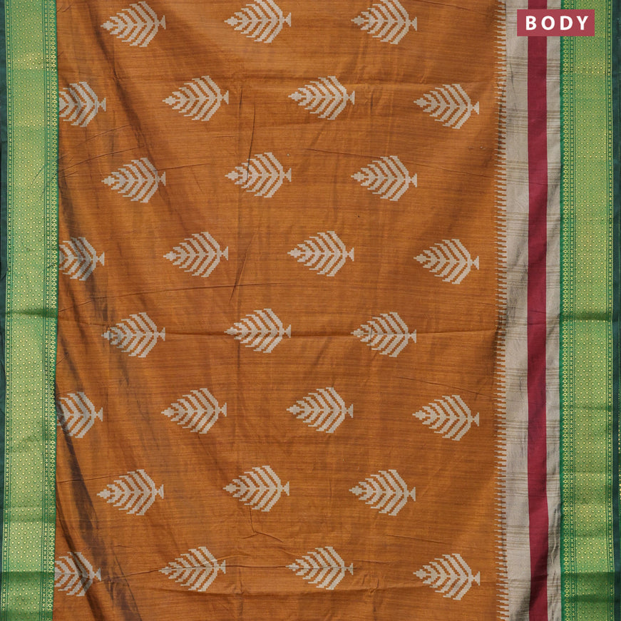 Semi tussar saree dark mustard and green with butta weaves and zari woven border