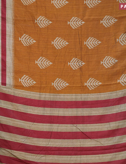 Semi tussar saree dark mustard and green with butta weaves and zari woven border