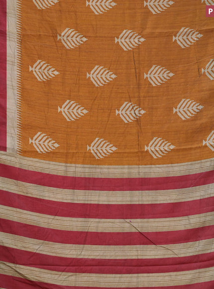 Semi tussar saree dark mustard and green with butta weaves and zari woven border