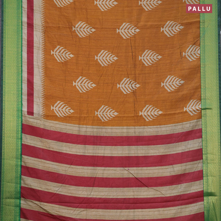 Semi tussar saree dark mustard and green with butta weaves and zari woven border