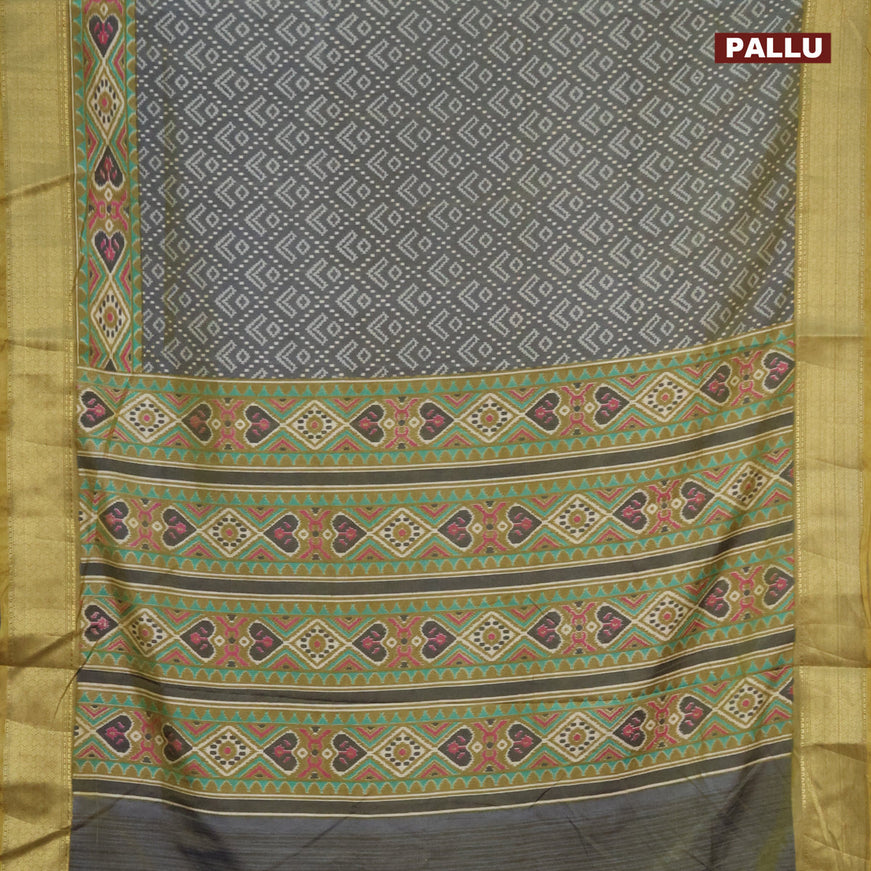 Semi tussar saree dual shade of greyish green and elaichi green with allover ikat prints and zari woven border