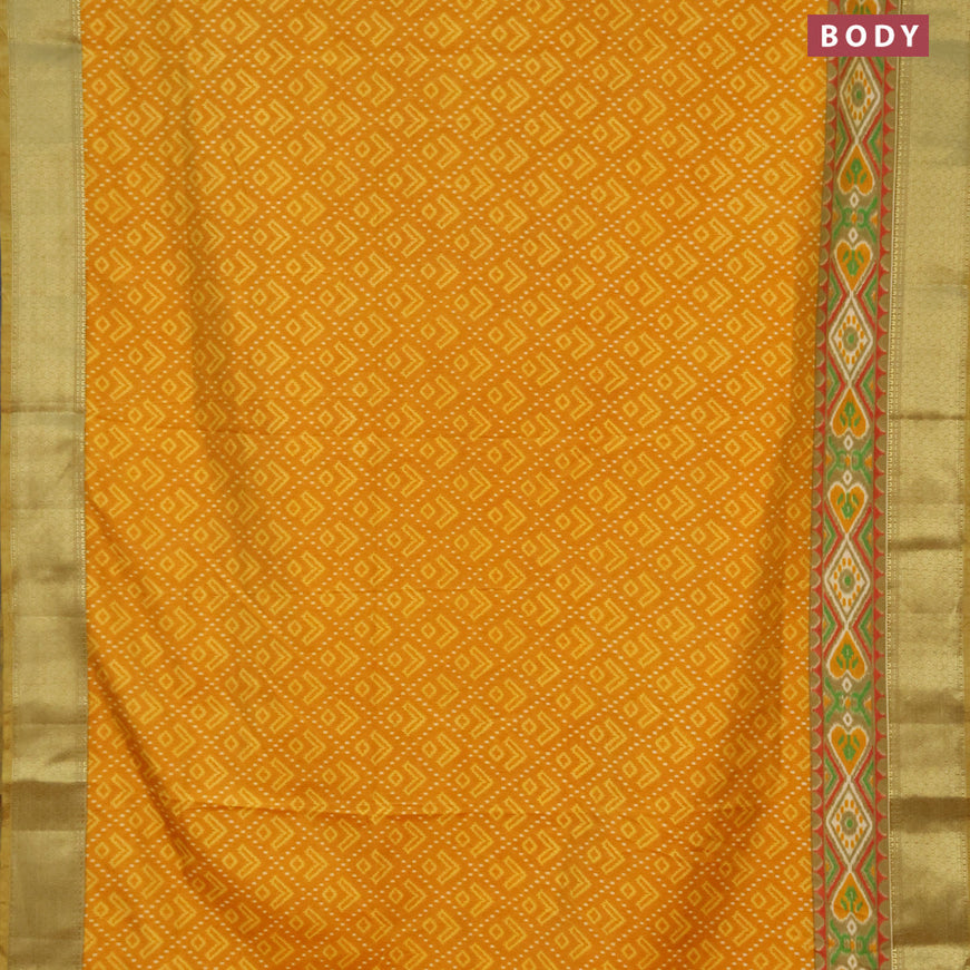 Semi tussar saree mustard yellow and elaichi green with allover ikat prints and zari woven border